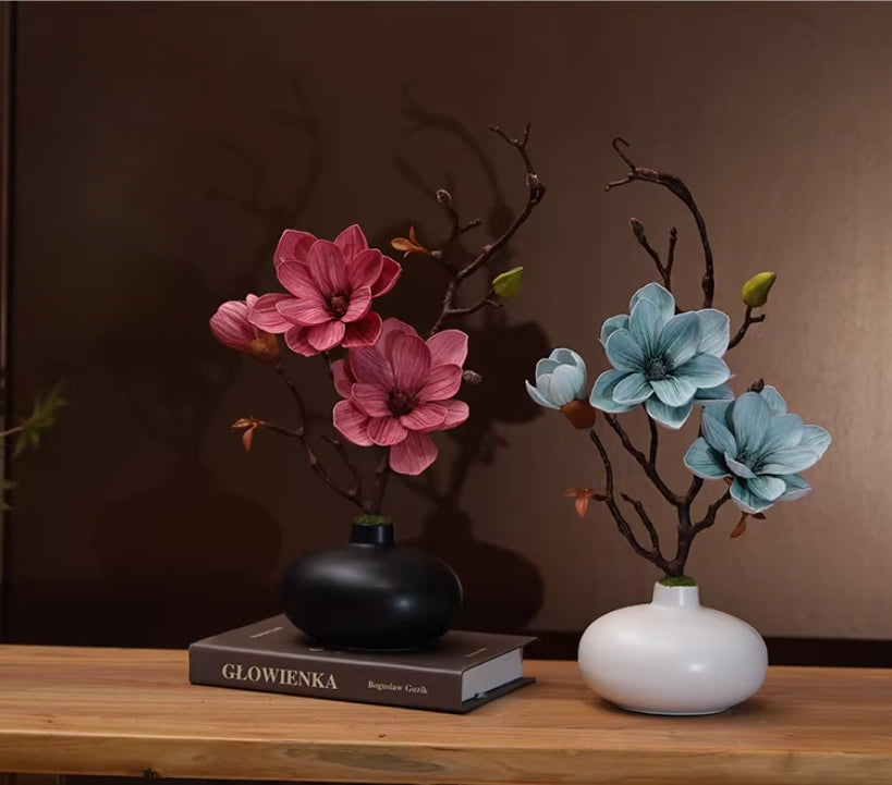 Elegant Artificial Magnolia Flower Set with Ceramic Vase - EterniFlora