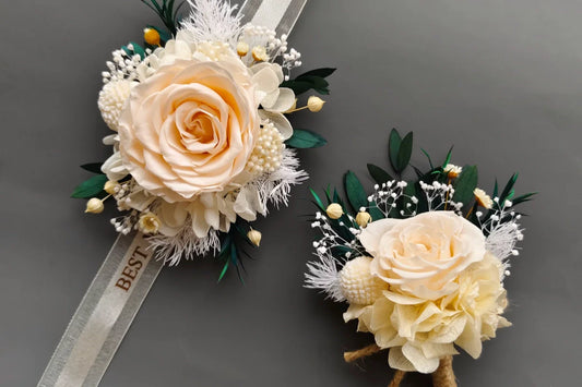 Champagne preserved rose wrist corsage with ribbon wedding floral accessory