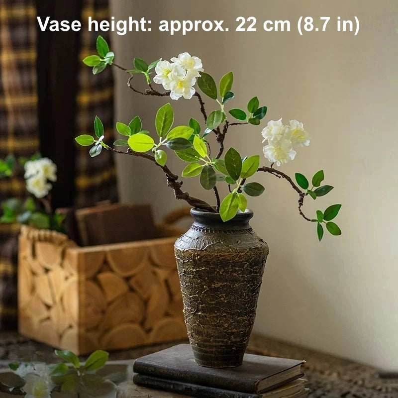 artificial begonia flower arrangement rustic clay vase home decor styling