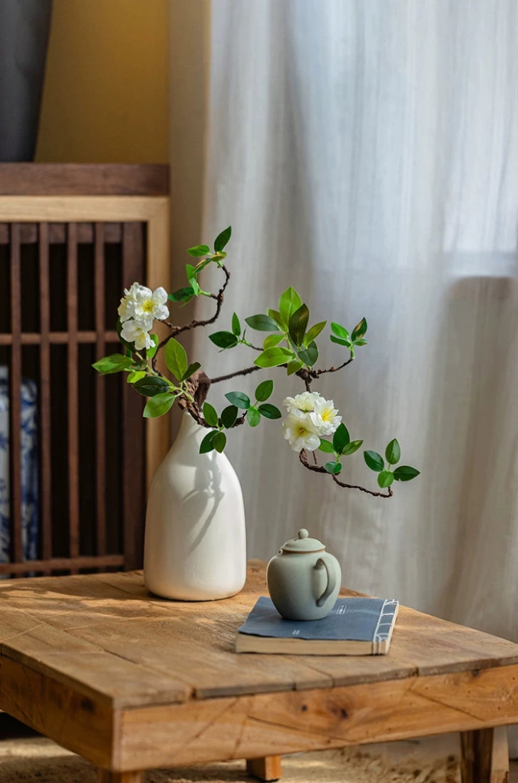 artificial begonia plant wooden table styling natural home decor