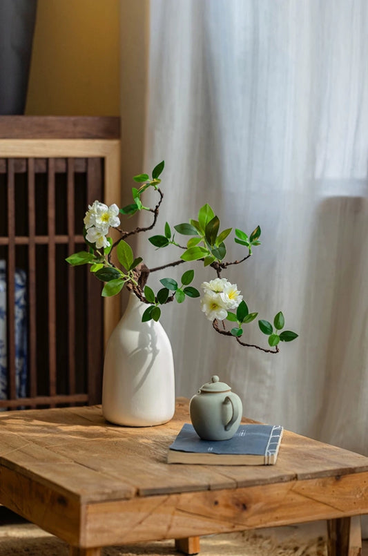 artificial begonia plant wooden table styling natural home decor