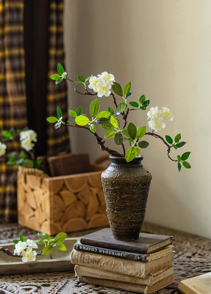 artificial begonia arrangement rustic clay vase warm home styling