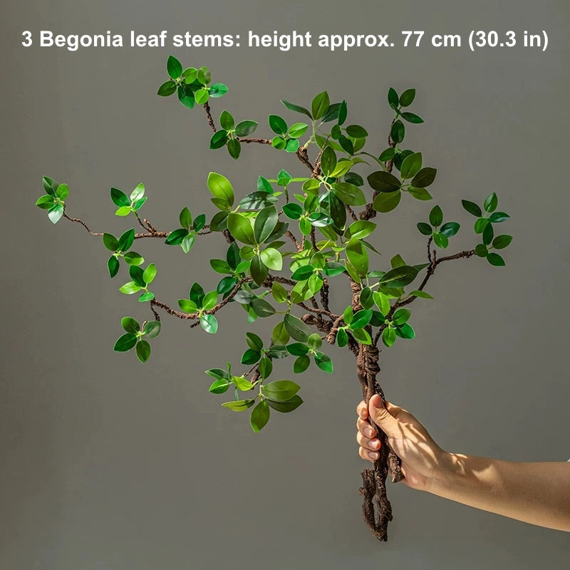 Set of 3 artificial begonia leaf stems with realistic green leaves, approx. 77 cm / 30.3 in tall, ideal for home floral arrangements and vase decor.
