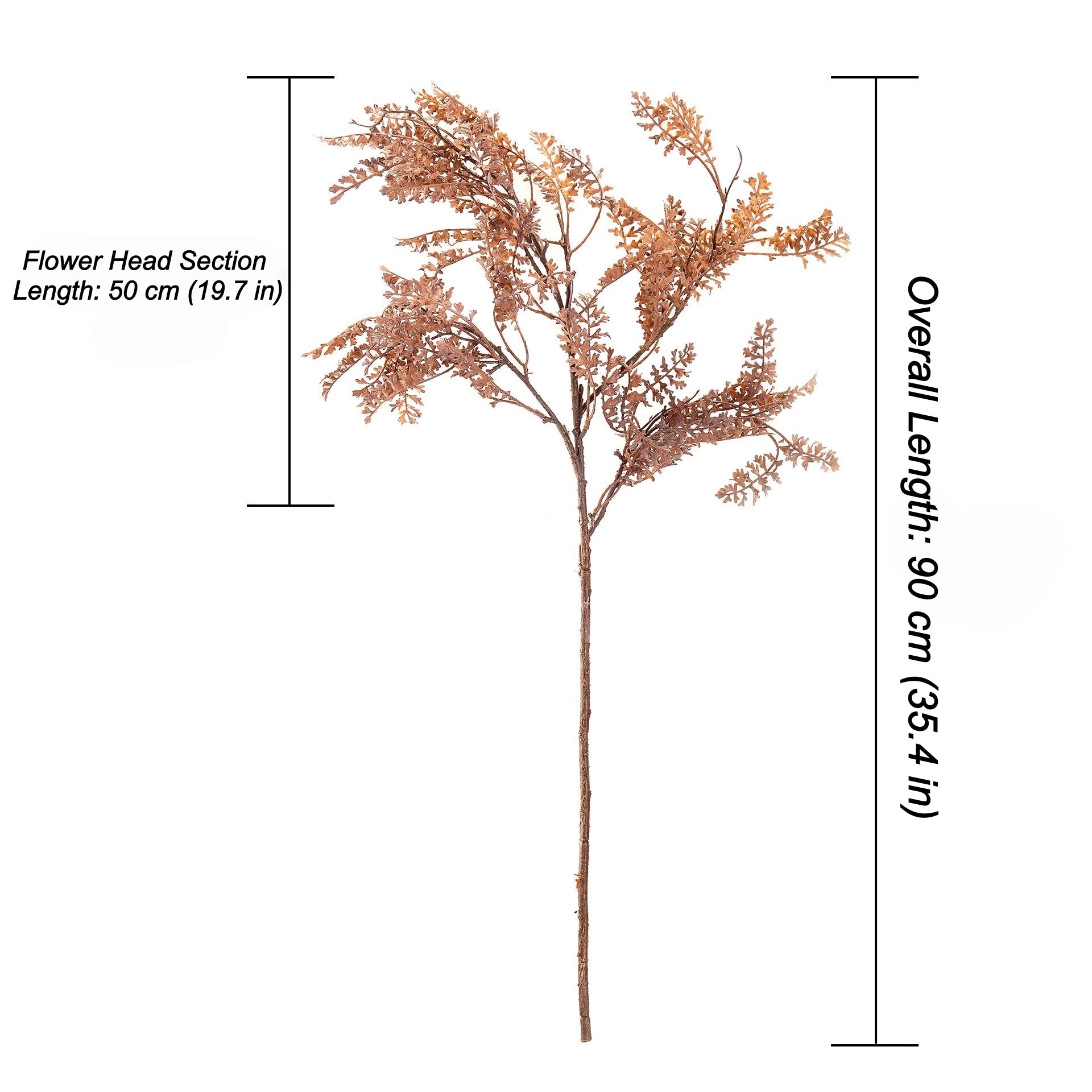 Artificial dried-look faux fern branch size guide showing 90 cm overall length and 50 cm foliage section length