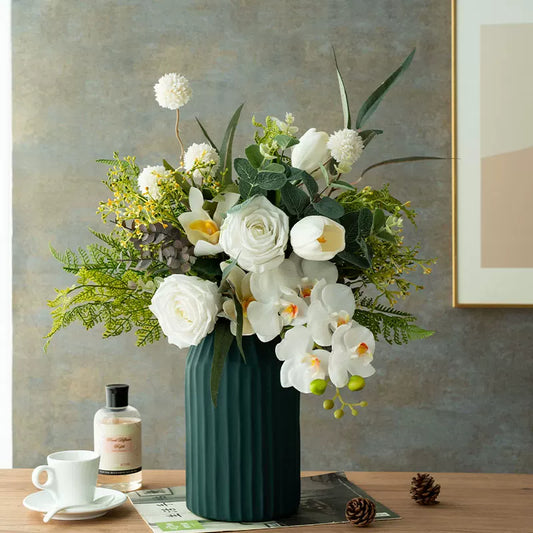 Artificial Floral Decor with Greenery, Rose, Orchid & Tulip Accents