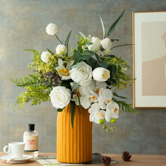 Artificial Floral Decor with Greenery, Rose, Orchid & Tulip Accents