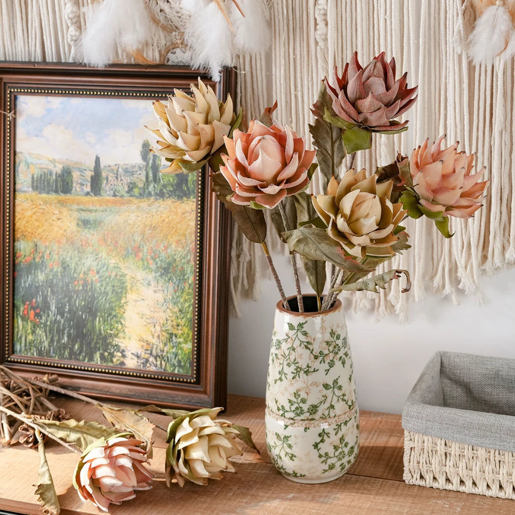 Faux king protea bouquet in ceramic vase for artistic home decor and photo styling