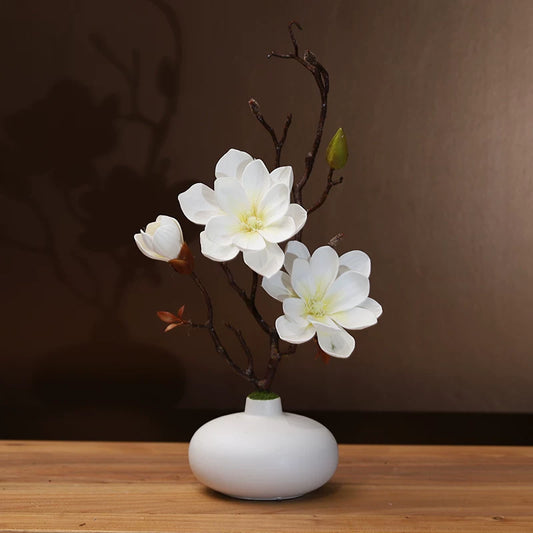 Elegant Artificial Magnolia Flower Set with Ceramic Vase - EterniFlora