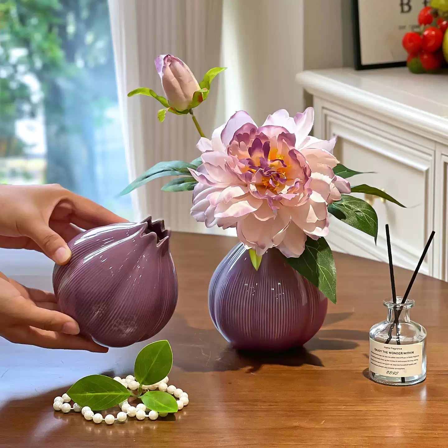 Purple Peony Artificial Flower in Ceramic Onion Vase - EterniFlora