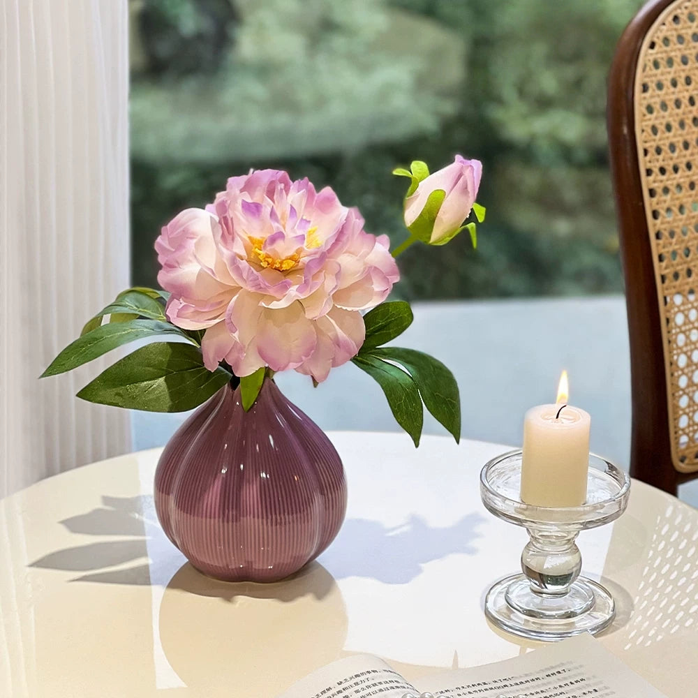 Purple Peony Artificial Flower in Ceramic Onion Vase - EterniFlora