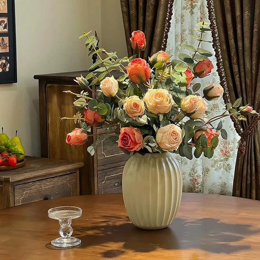 Artificial rose bouquet in ceramic vase for elegant home table decor with soft blush colors