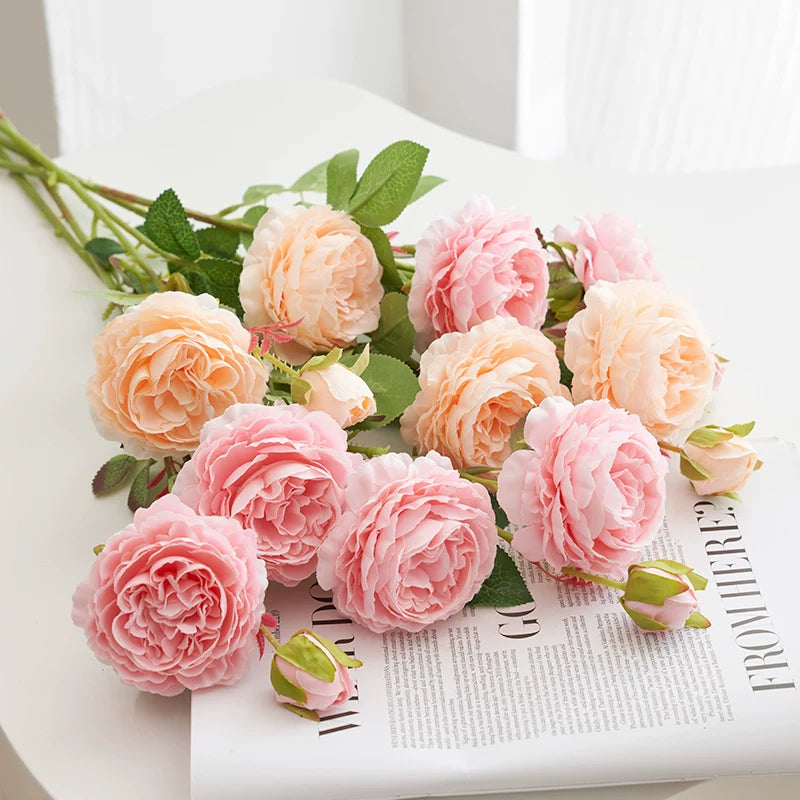 artificial rose bouquet blush and champagne roses flat lay decor
