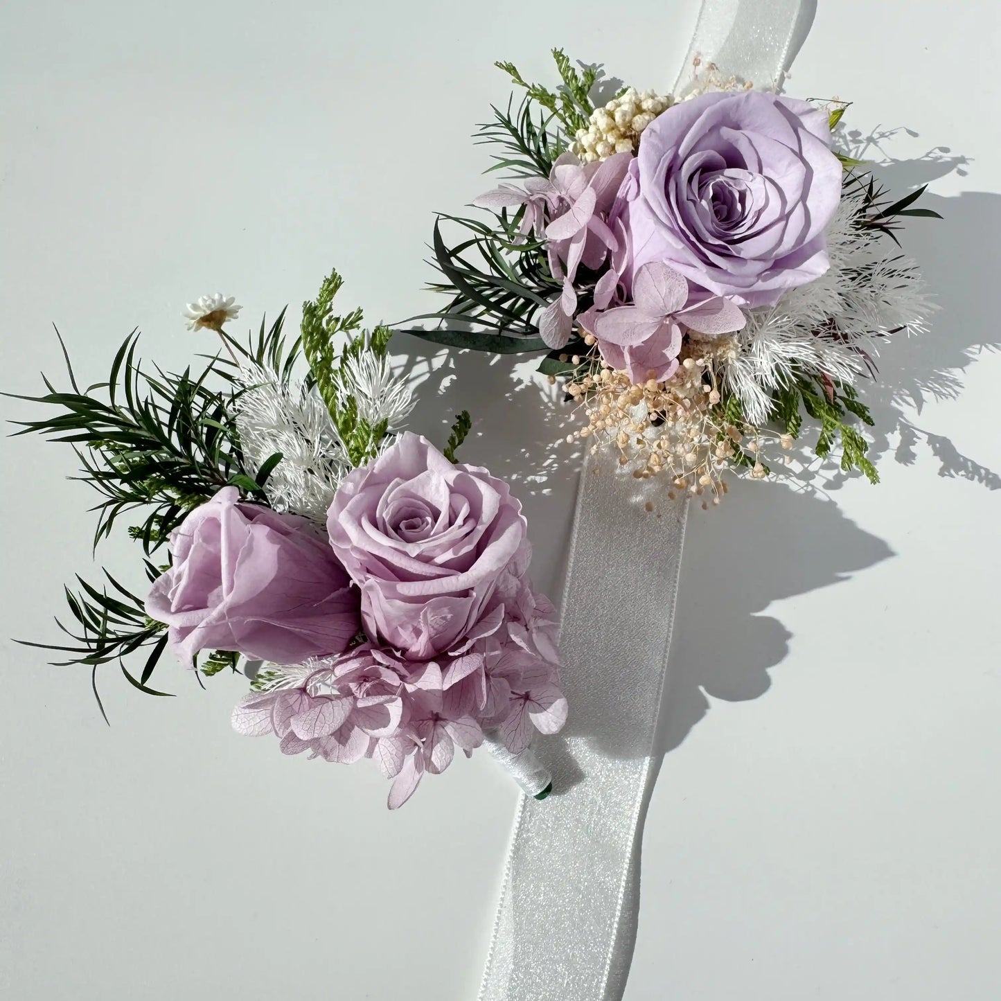 Lavender purple preserved rose double flower corsage and wrist flower set for weddings