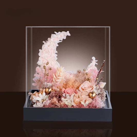 blush preserved flower moon arrangement with roses and hydrangea in acrylic cover, elegant floral decor
