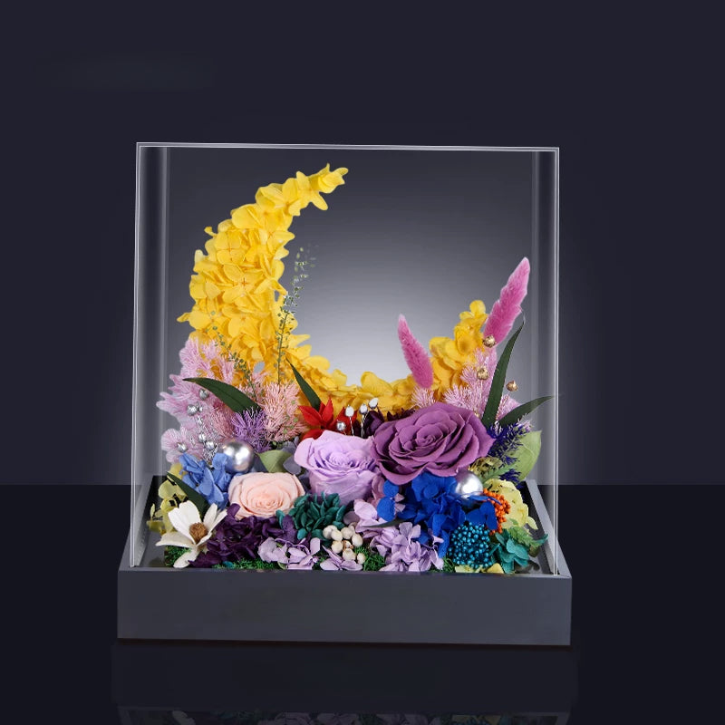 golden sunrise preserved flower moon arrangement in crystal clear acrylic cover, luxury home decor accent