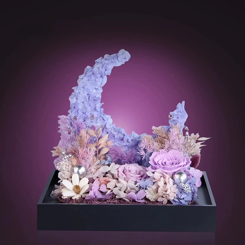 lavender preserved flower moon arrangement with acrylic cover, romantic everlasting floral display