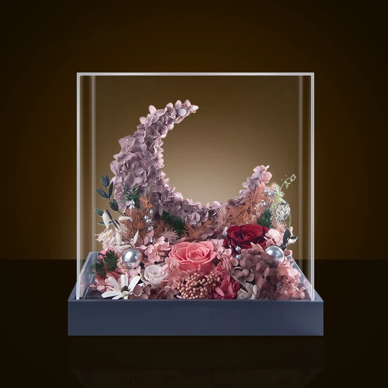 rose taupe preserved flower moon arrangement in clear acrylic cover, luxury floral decor gift