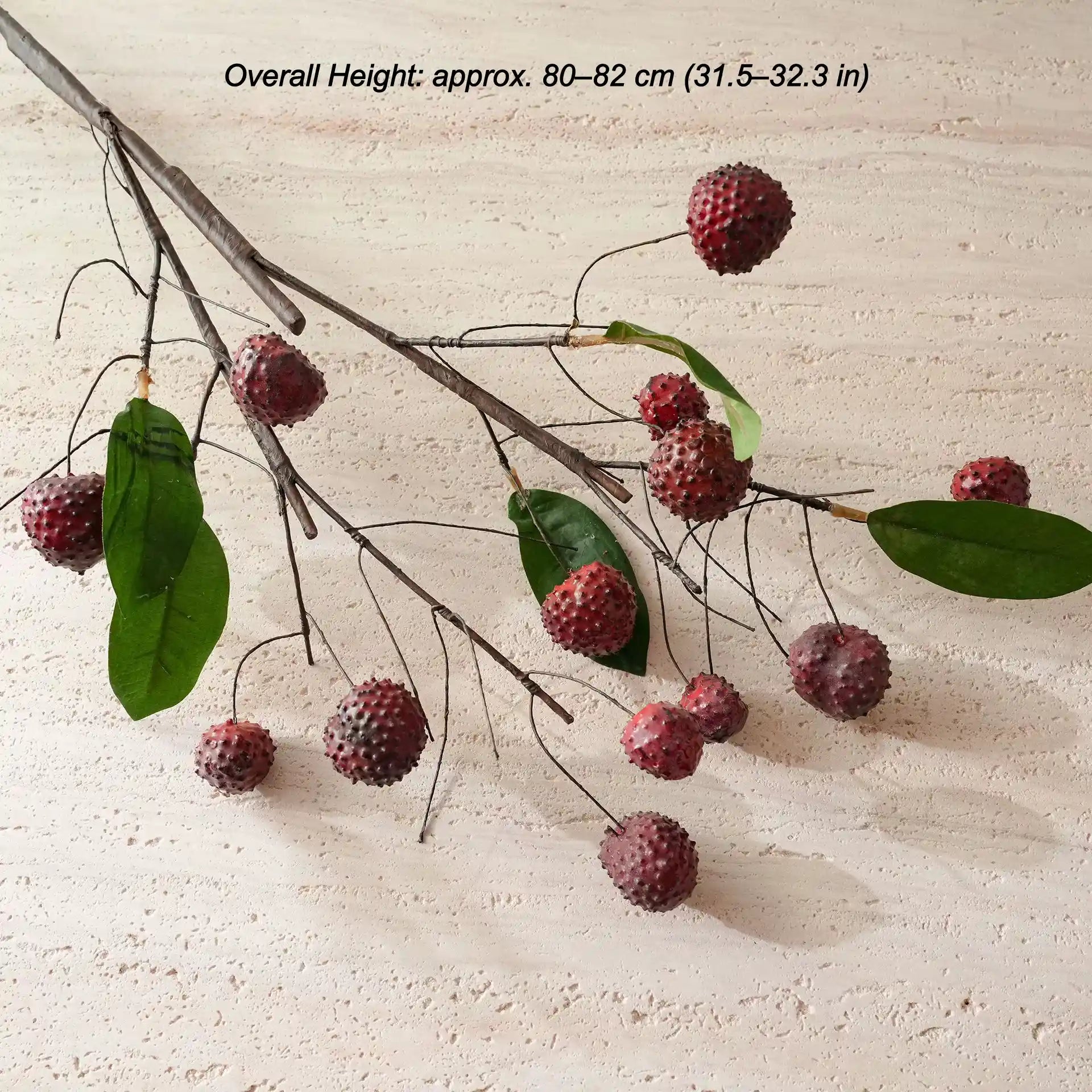 Artificial lychee branch with wine red faux fruit and green leaves for rustic vase decor