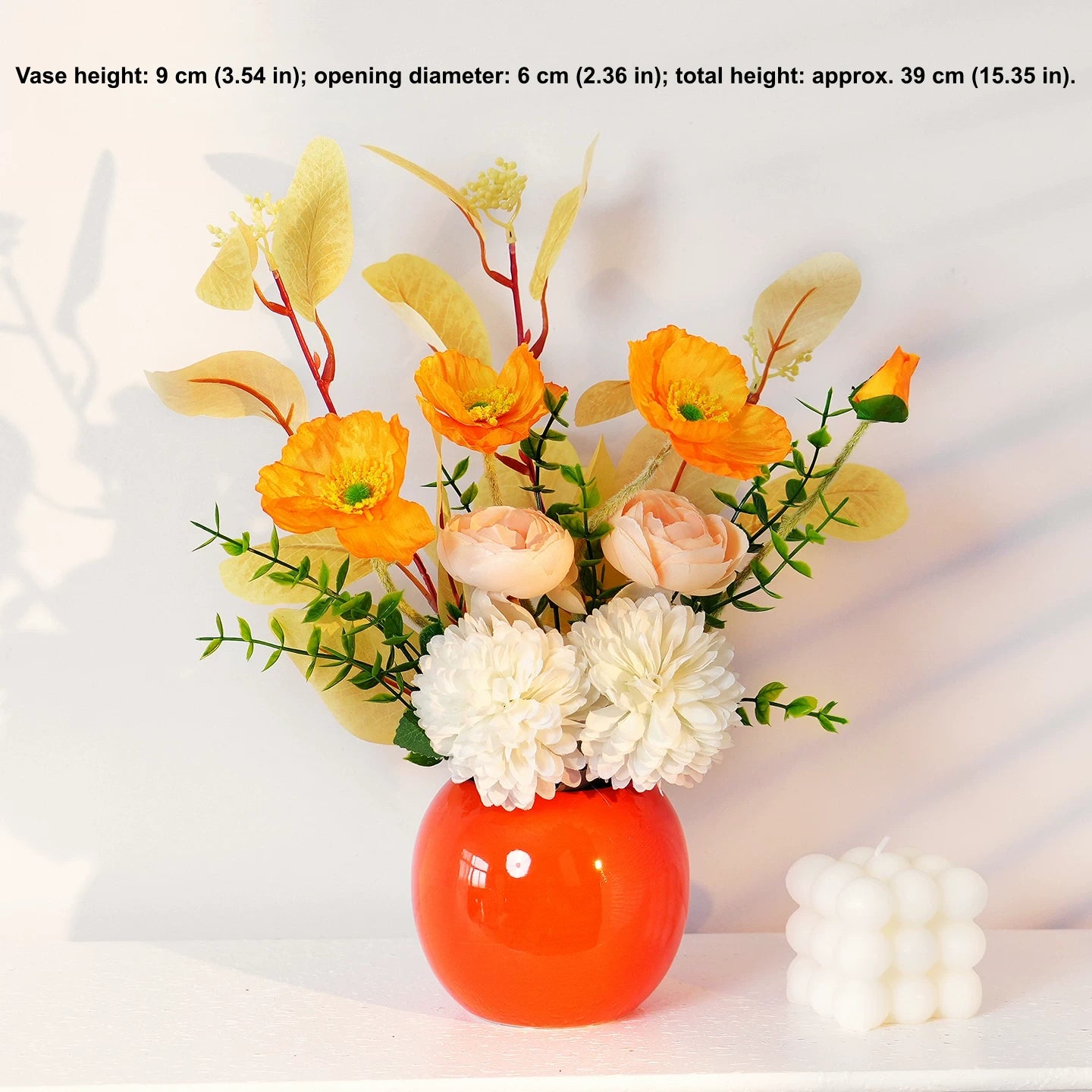 Orange vase faux flower arrangement with yellow flowers for tabletop decoration