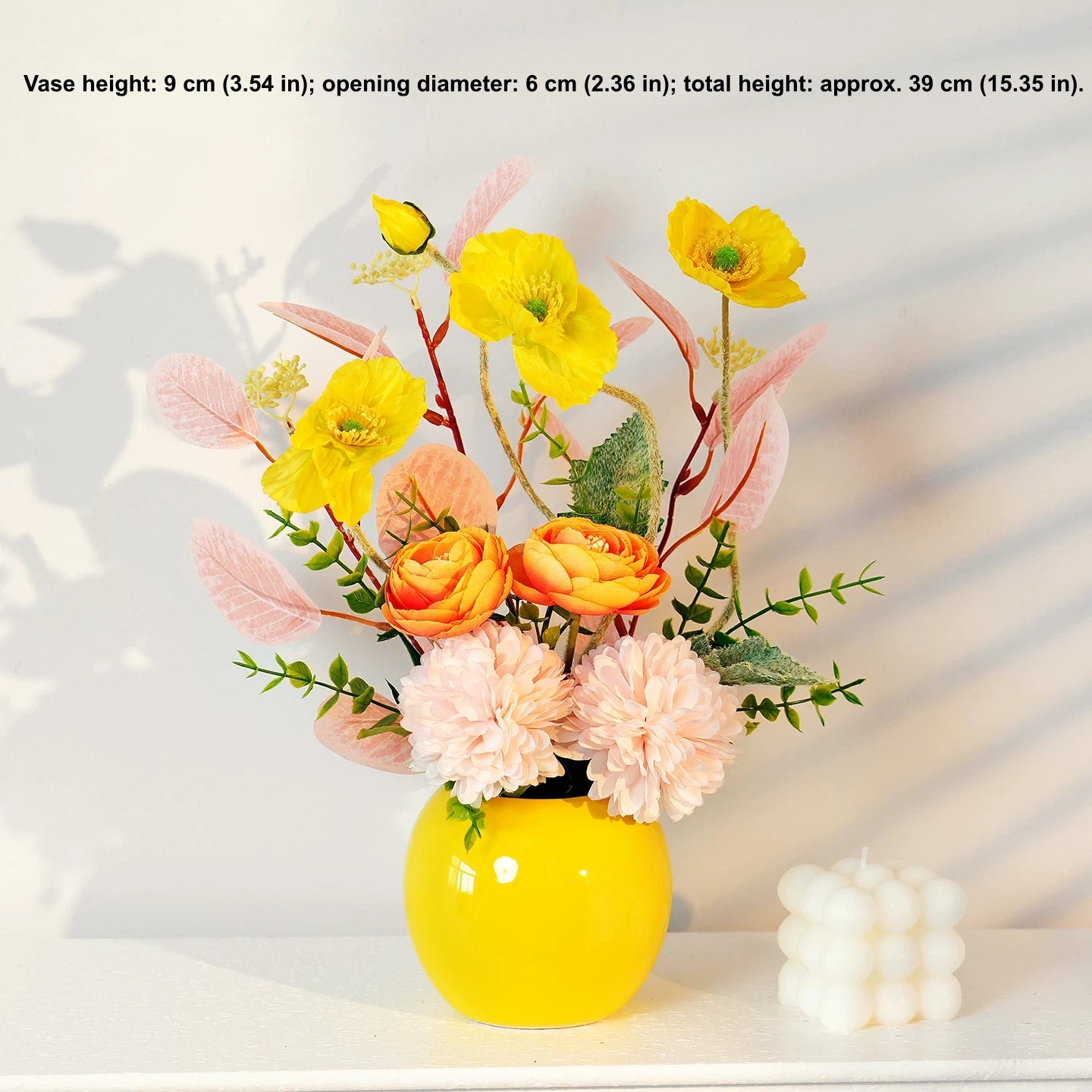 Yellow vase artificial flower arrangement with orange flowers for tabletop decor