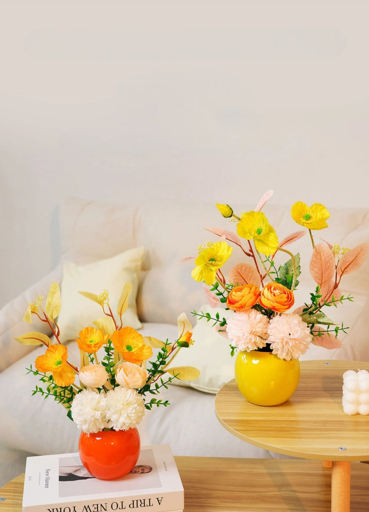 Orange and yellow artificial flower arrangement for bedroom tabletop decor
