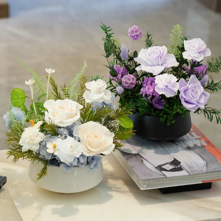 Champagne and purple preserved rose arrangements, paired luxury home decor display