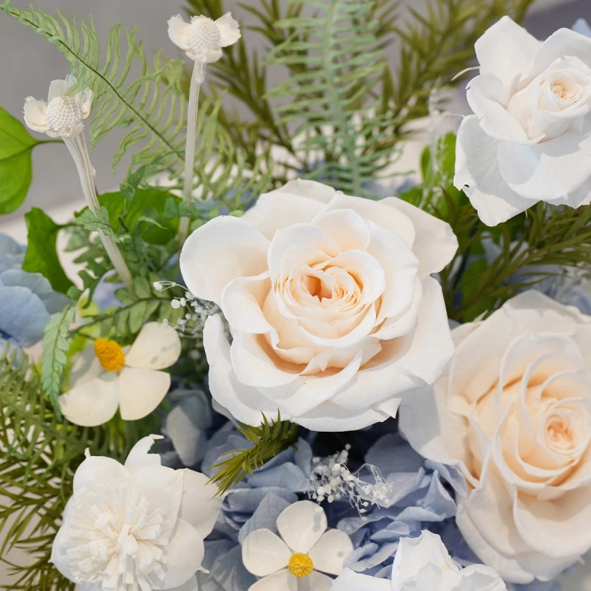 Close-up of preserved champagne rose with delicate petals, premium floral detail