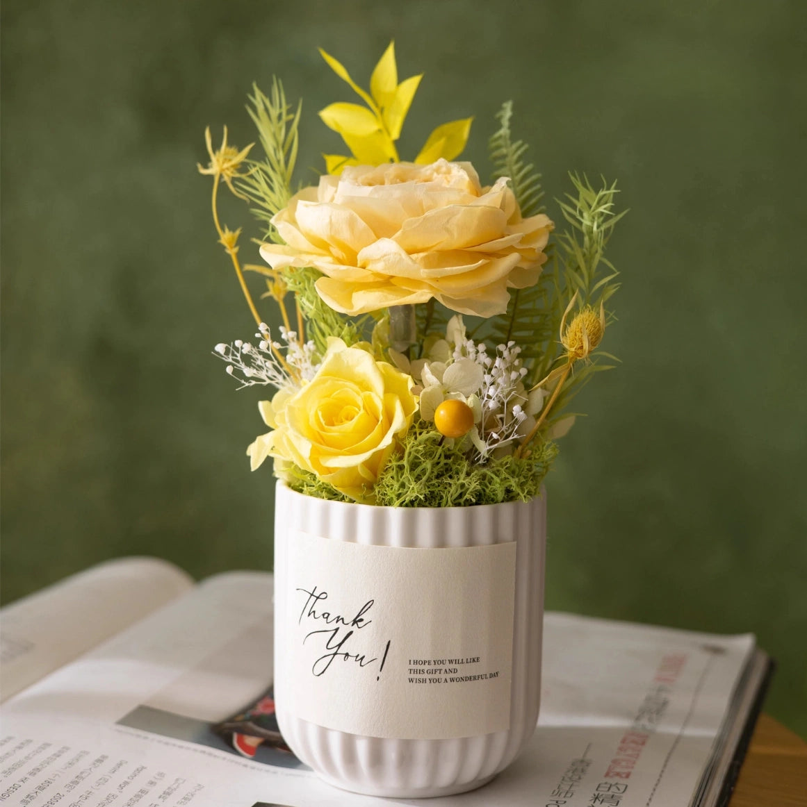 Preserved Rose Mini Potted Plant Gift Home Decor Austin Rose Yellow