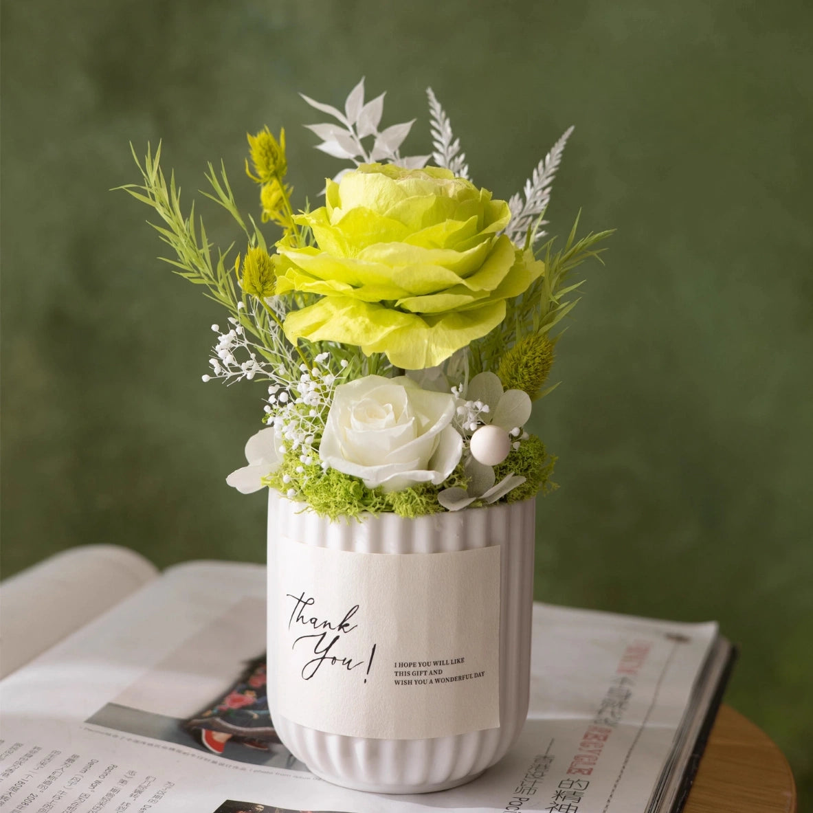 Preserved Rose Mini Potted Plant Gift Home Decor Austin Light Green