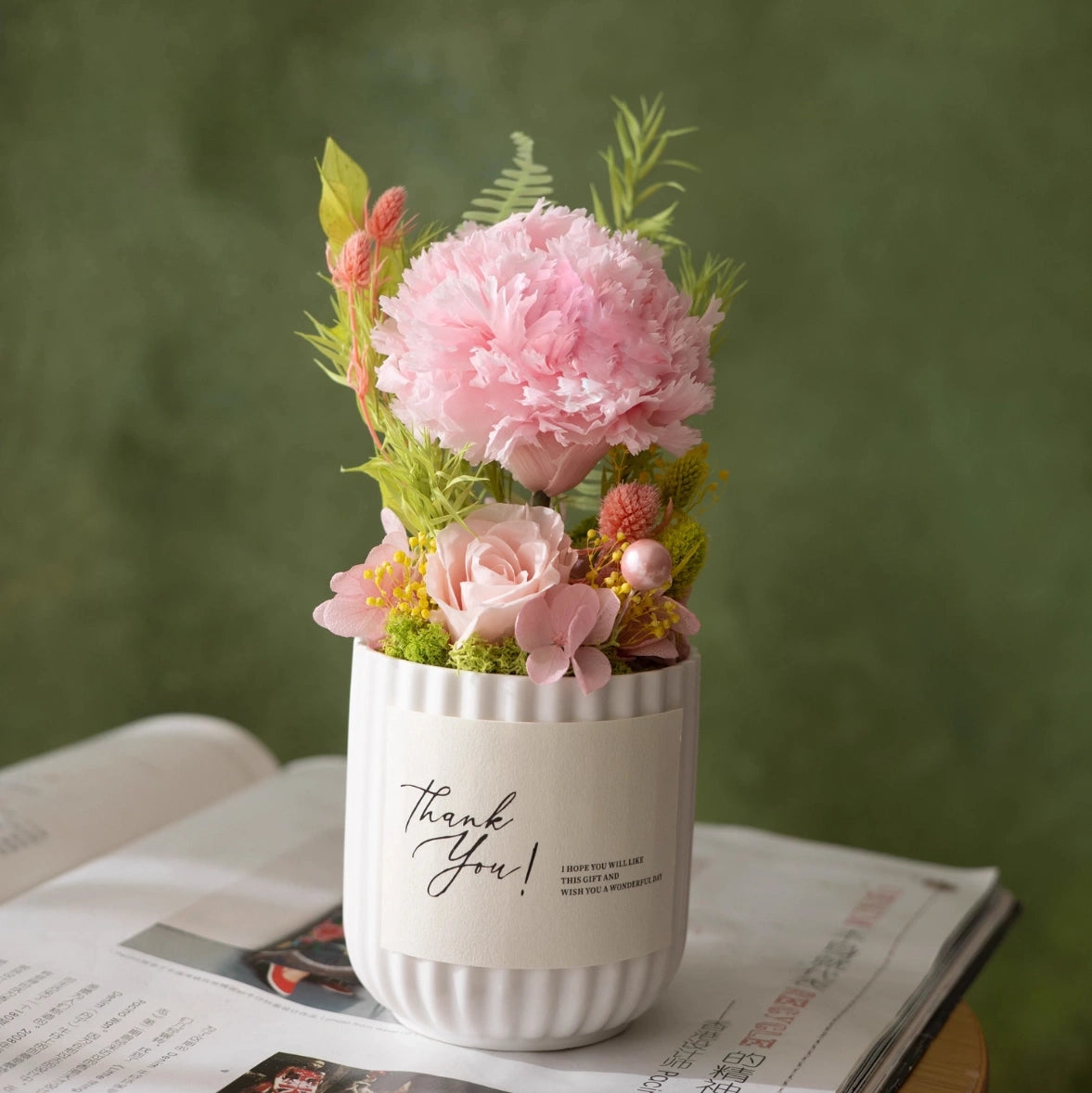 Preserved Mini Potted Plant Gift Home Decor Carnation Pink White Pot