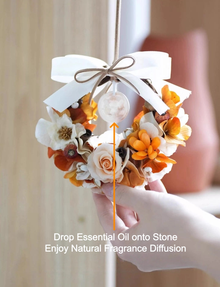 Autumn preserved flower wreath with fragrance diffuser and natural floral design