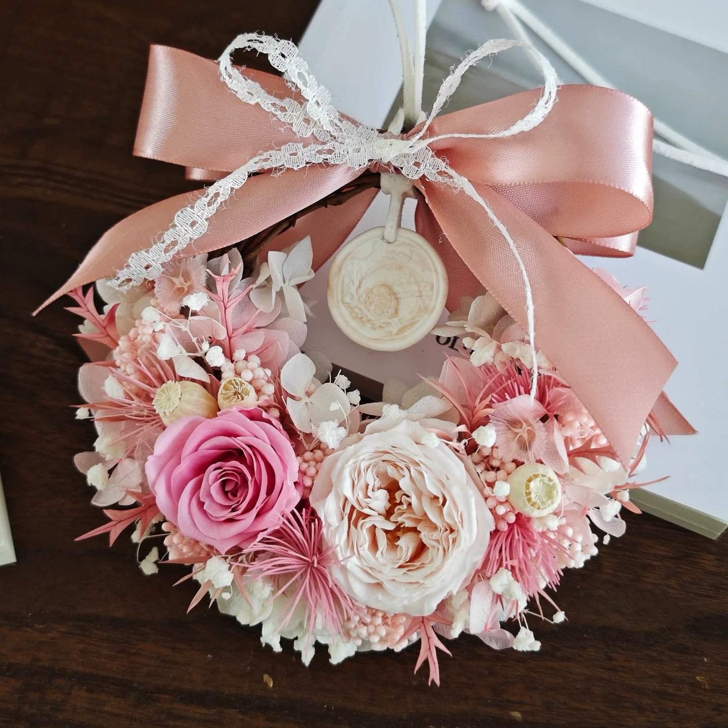 Blush pink rose preserved flower wreath with ribbon for gift and home decor