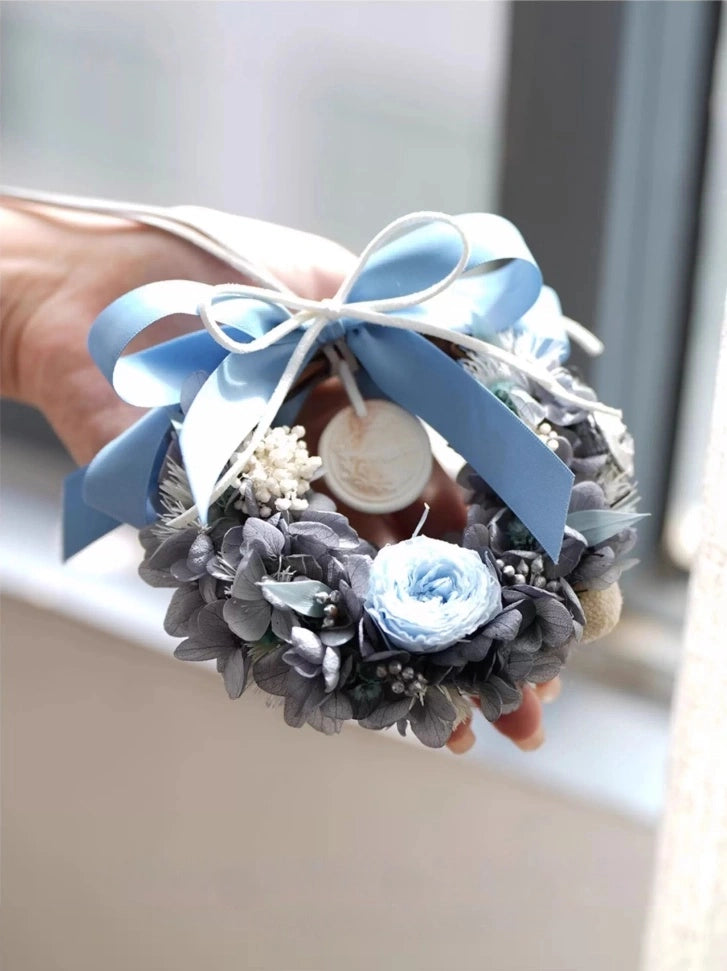 Dusty blue preserved flower wreath with aroma diffuser for decorative gift