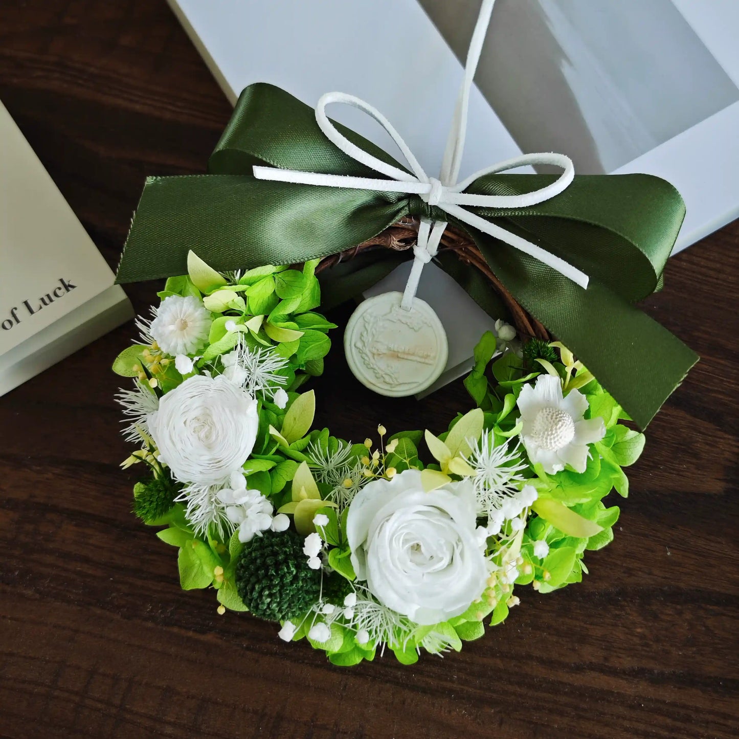 Green garden preserved flower wreath with white roses and ribbon for natural home decor
