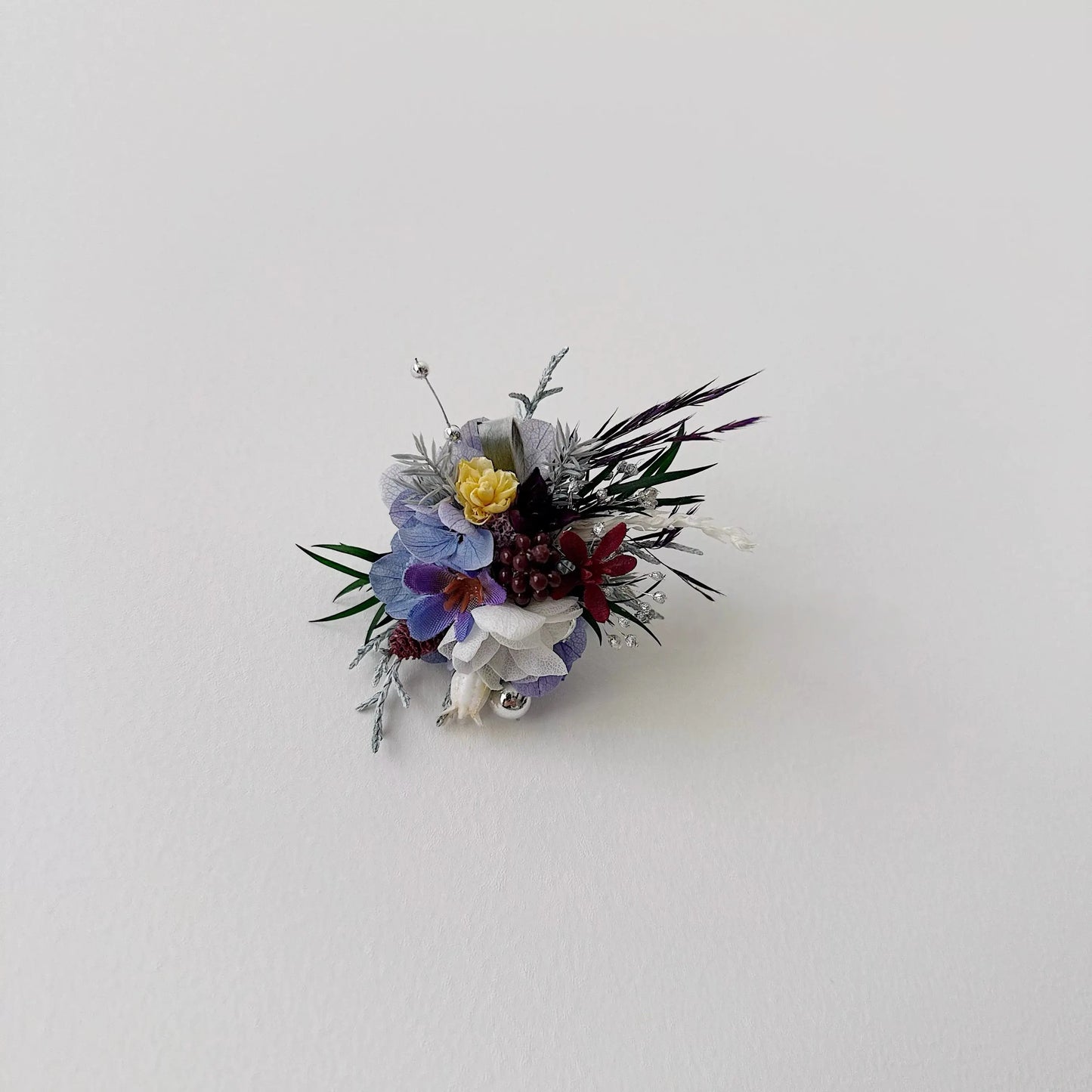 Purple preserved flower ring corsage for wedding and bridal accessory