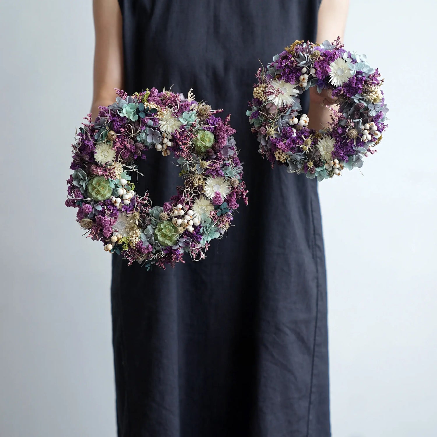 Handcrafted purple preserved flower wreath, romantic floral ring for front door or indoor home decor.