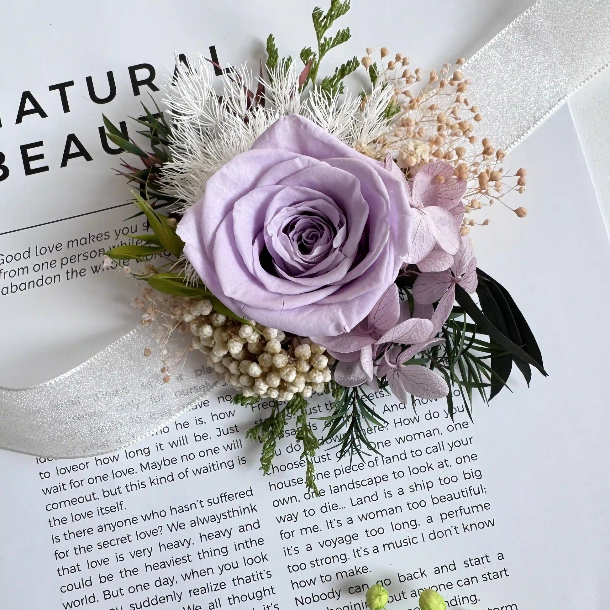 Purple rose preserved flower wrist corsage with ribbon for wedding bride