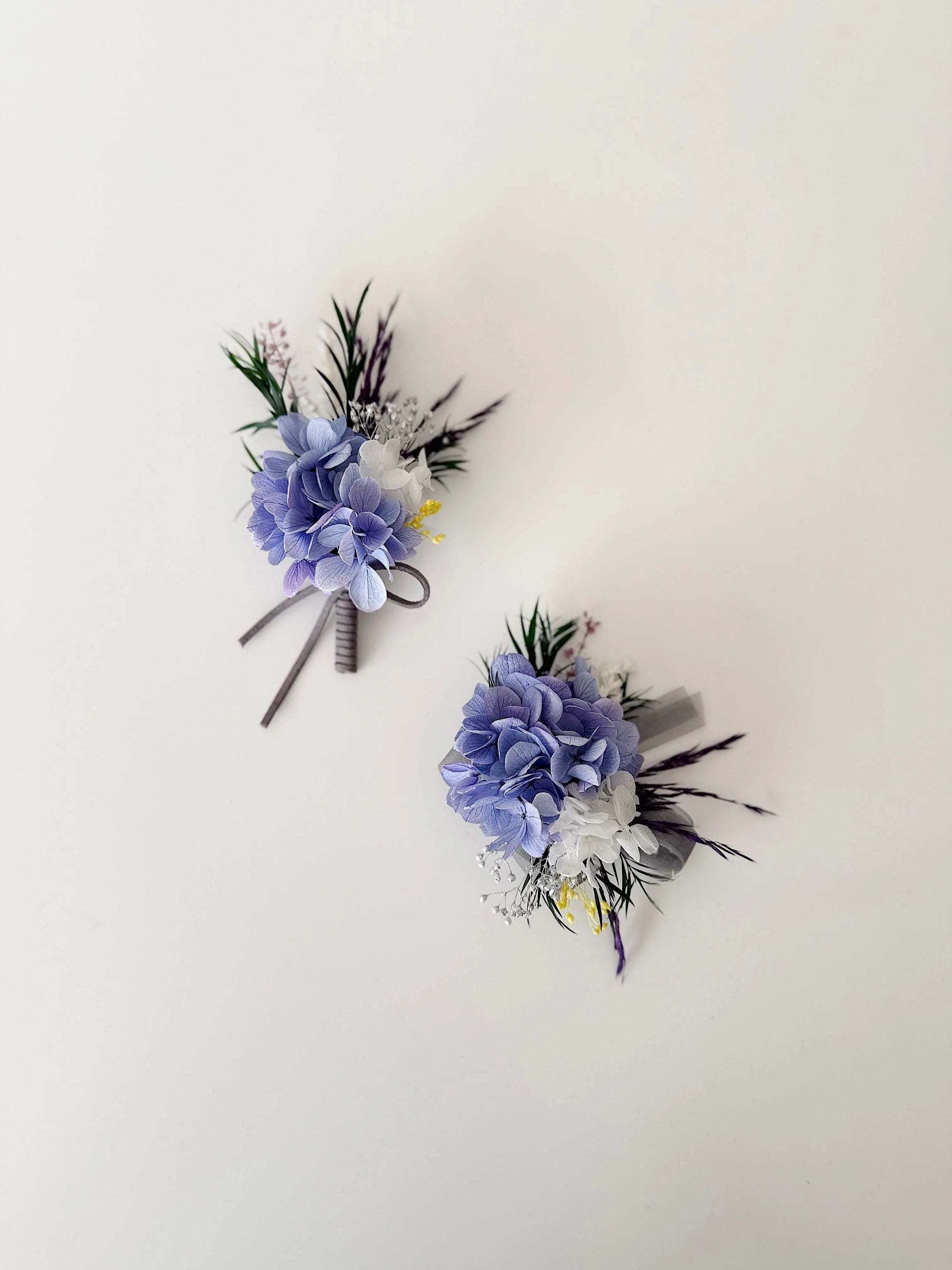 Purple preserved flower boutonniere and wrist corsage set for wedding accessories
