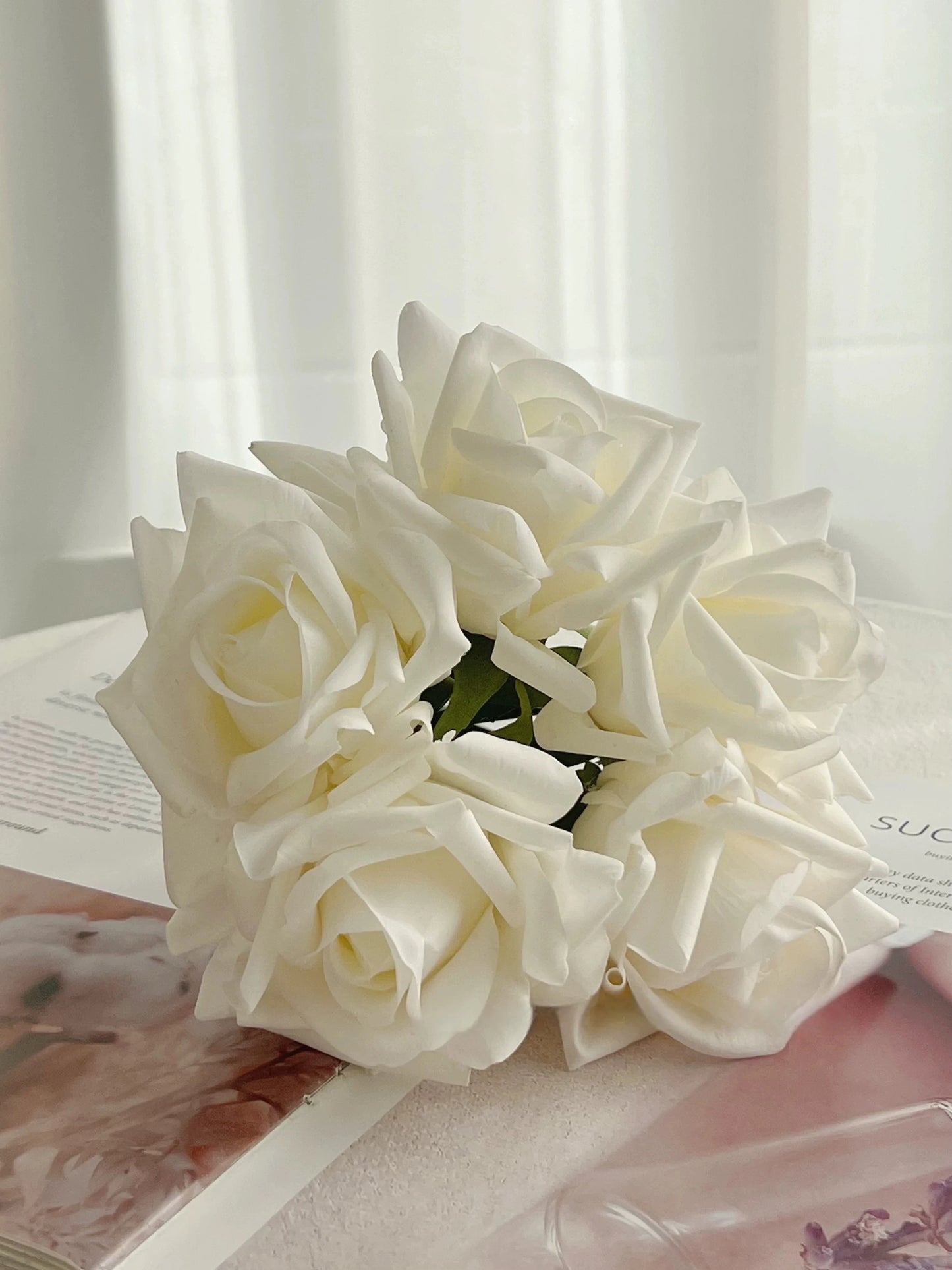 Pure white realistic artificial rose bouquet for romantic home decor