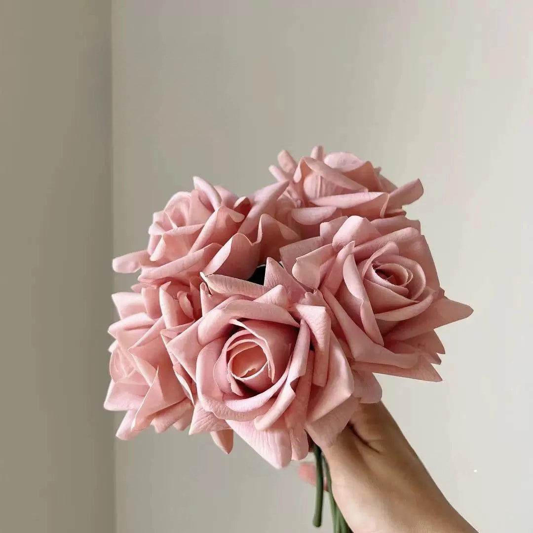 Milk tea artificial rose bouquet held by hand for shop display decor