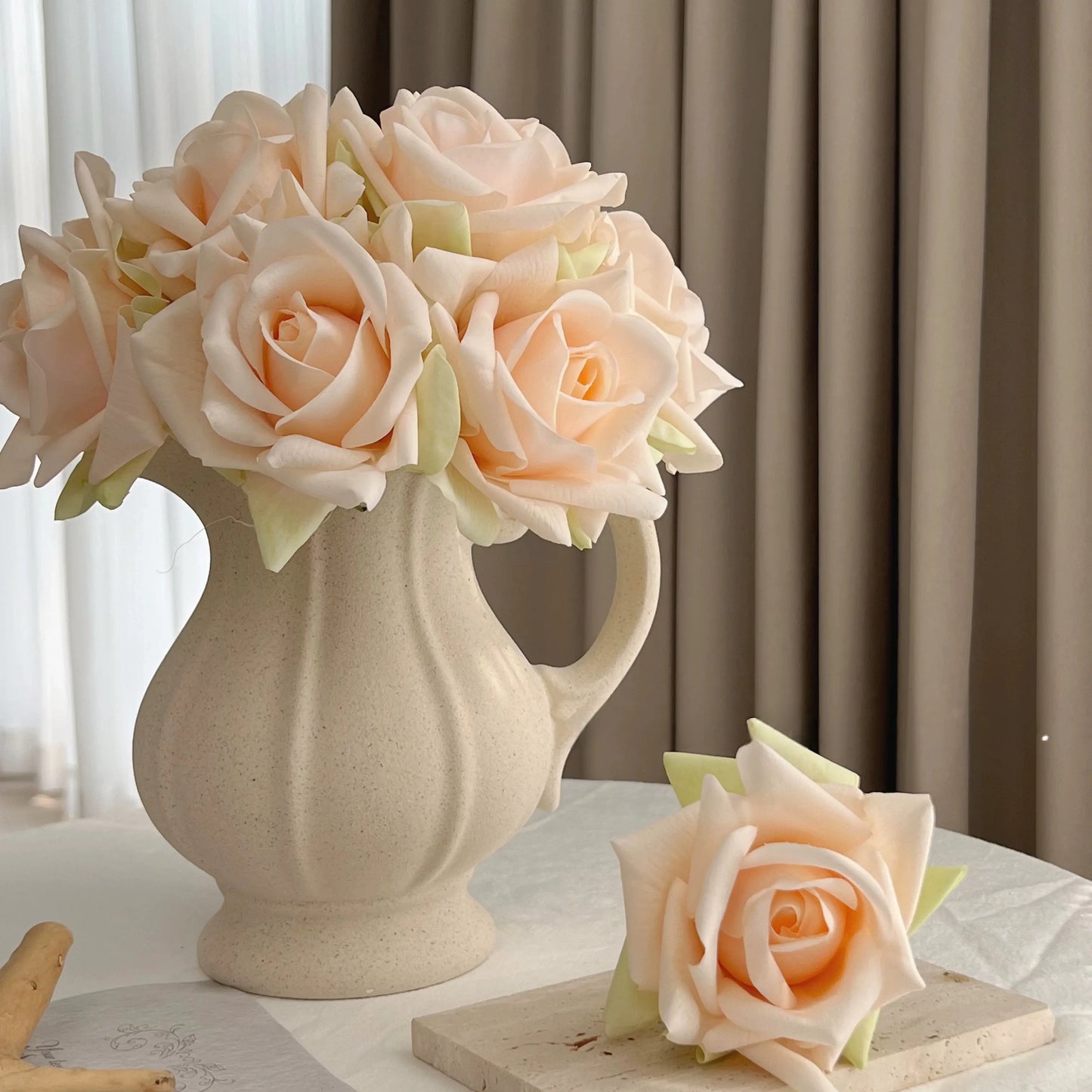 Champagne artificial rose arrangement in ceramic vase for home decor