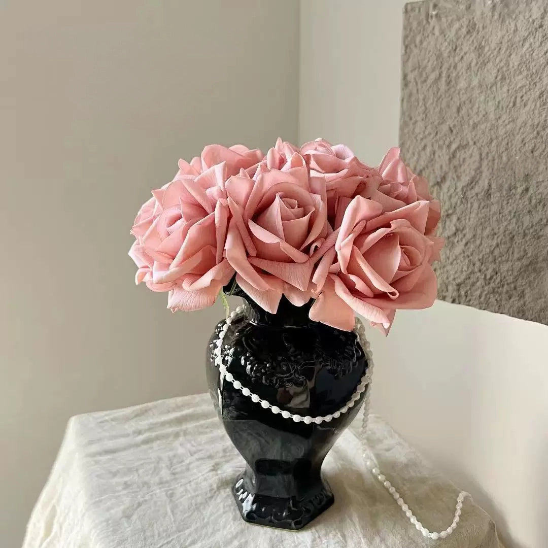 Milk tea artificial rose bouquet in black vase for boutique display