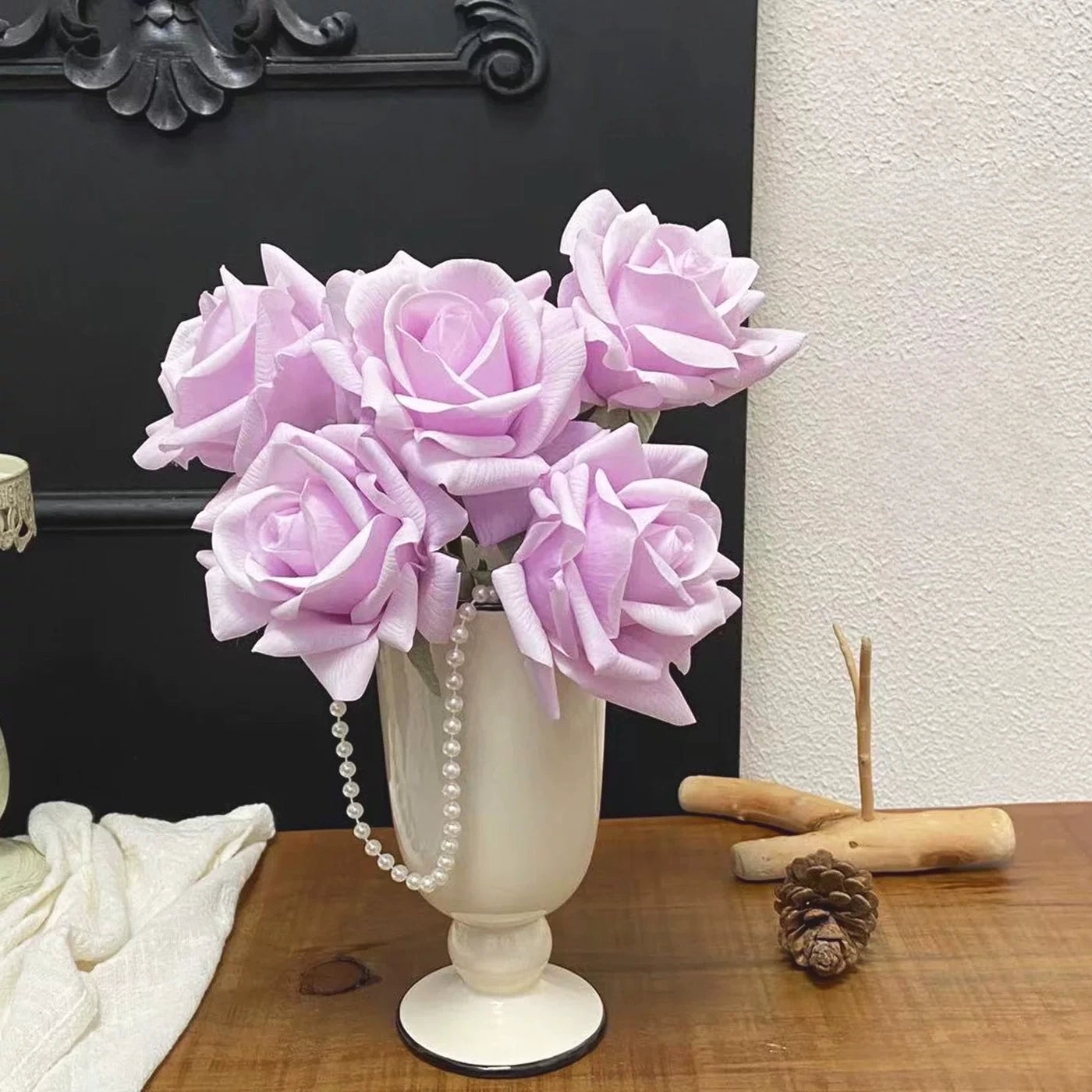 Light purple artificial rose arrangement in vintage vase for elegant decor