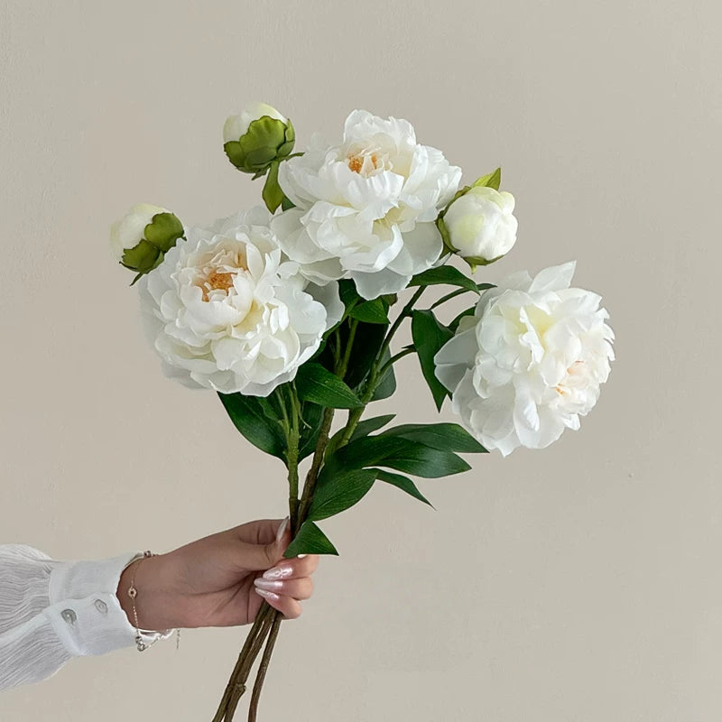 White realistic peony artificial flower bouquet with green buds and long stems