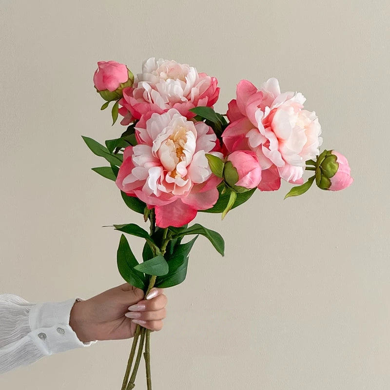 Fuchsia pink realistic peony faux flower bouquet for home decor
