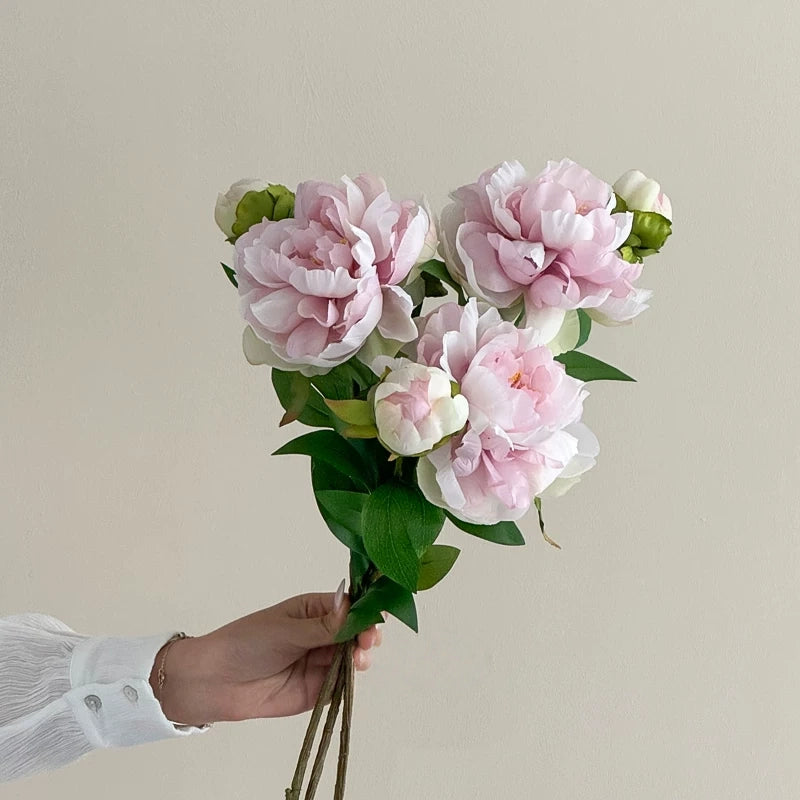 Soft lavender peony artificial flower bouquet with natural green leaves