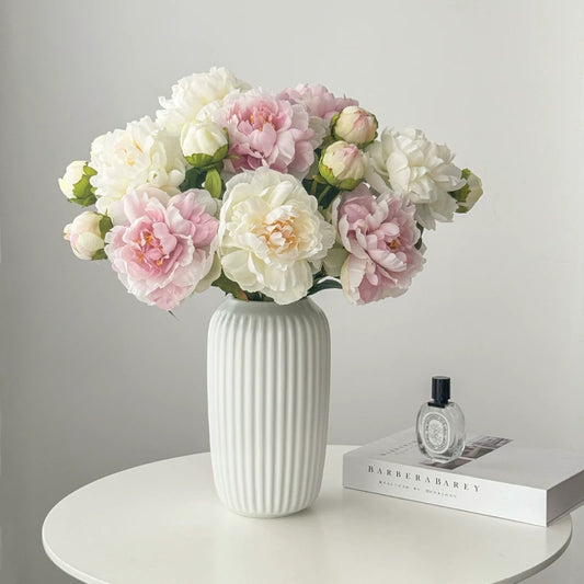 Mixed color peony artificial flowers in white vase for elegant home decor