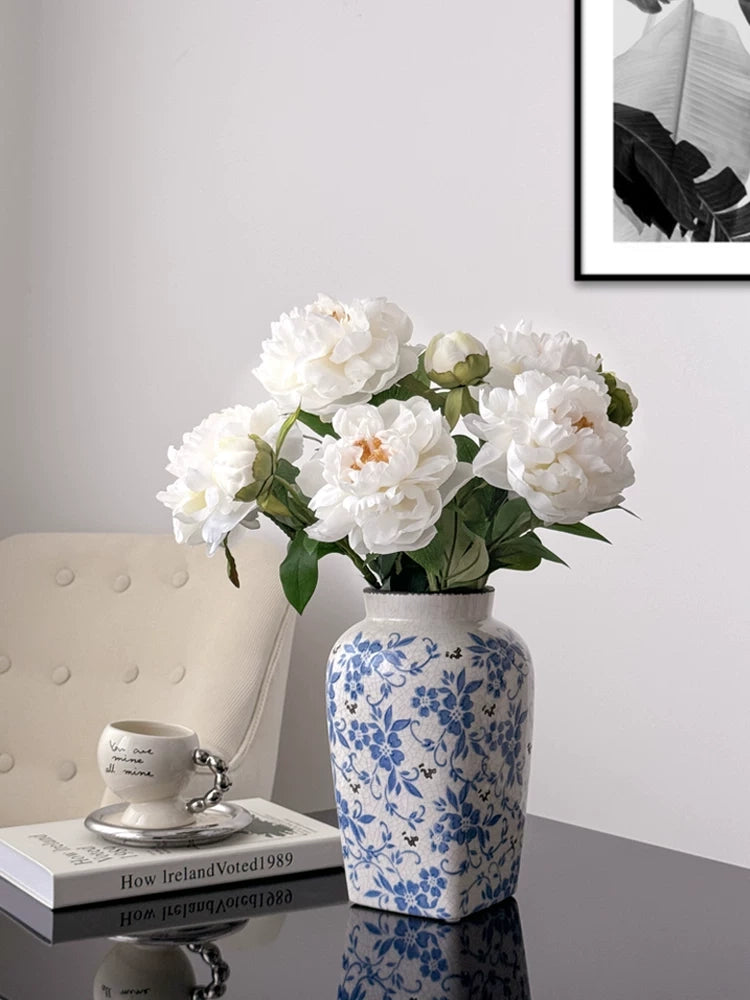 White peony artificial flower centerpiece in blue vase for living room decor