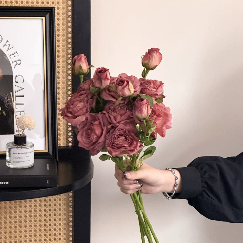 Vintage Faded Edge Rose Artificial Bouquet for Elegant Home Decor