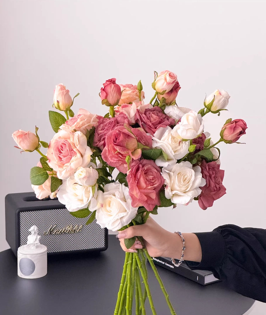Vintage Faded Edge Rose Artificial Bouquet for Elegant Home Decor